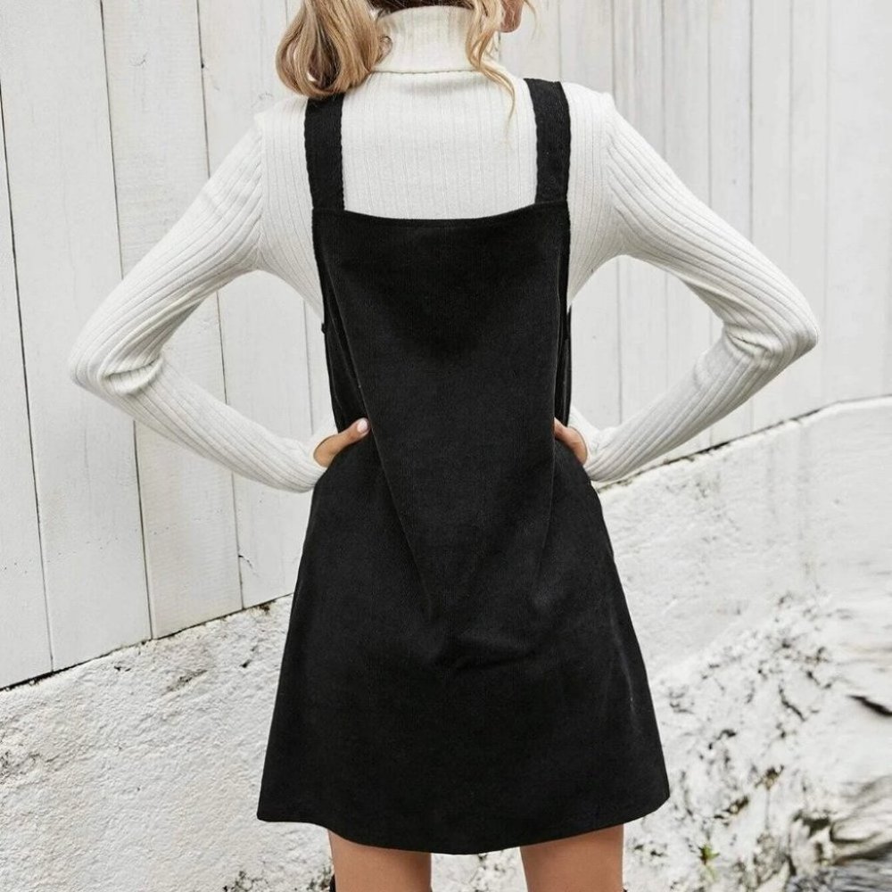 black corduroy solid button front overall dress fall winter chic casual trending - Picture 6 of 6